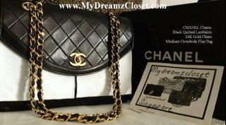 CHANEL Classic Black Quilted Lambskin 24K Gold Chain Medium Crossbody Flap Bag