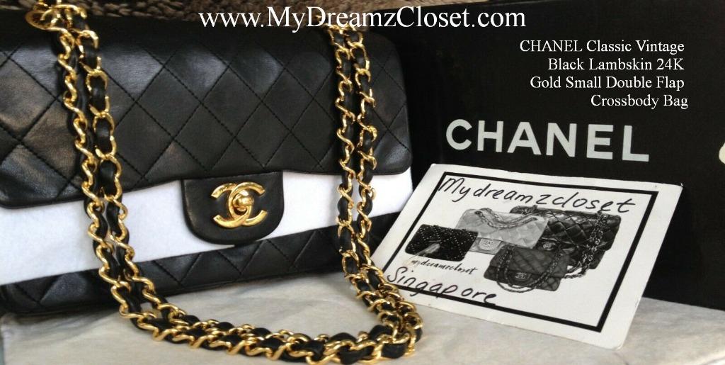 CHANEL Classic Vintage Black Lambskin 24K Gold Small Double Flap Crossbody Bag (Category: Bags & Wallets) located in Toronto. Submitted by mydreamzcloset-canada (Listing ID 1109501316, Image 1). Description: DOUBLE FLAP CROSSBODY BAG USD 3,700 CHANEL Classic Vintage Black Lambskin 24K Gold Small Double Flap Crossbody Bag AUTHENTICITY IS 100% GUARANTEED ELSE FULL REFUND INCLUDING SHIPPING COST Condition : Exterior : Surface - Faint creases near ba