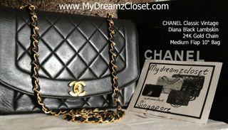 CHANEL Classic Vintage Diana Black Lambskin 24K Gold Chain Medium Flap 10" Bag