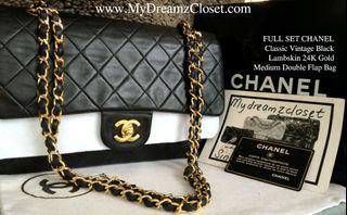 FULL SET CHANEL Classic Vintage Black Lambskin 24K Gold Medium Double Flap Bag