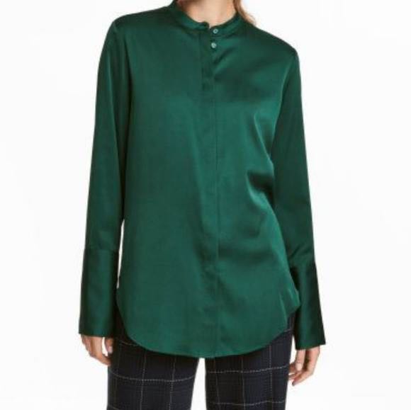 H M Dark Green Satin Shirt Women S Fashion Tops Longsleeves On Carousell