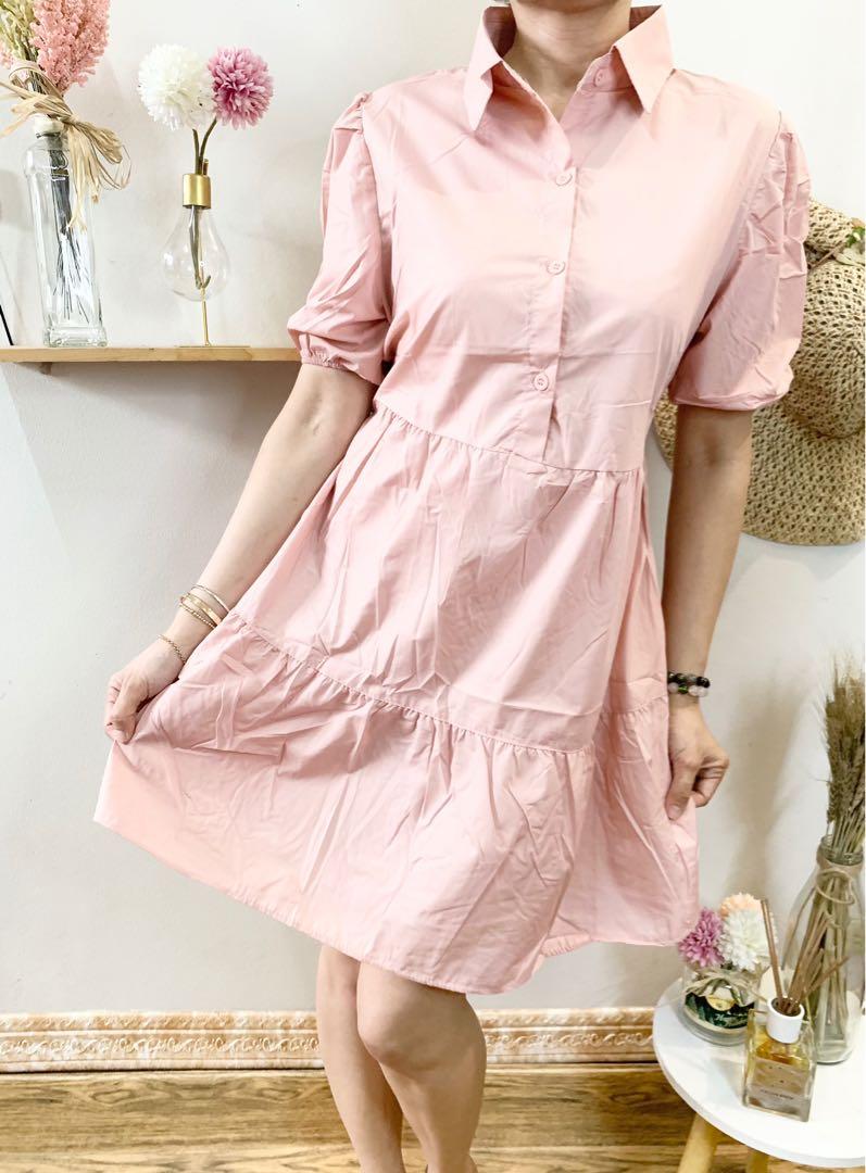 Korean dress baby pink with collar, Women's Fashion, Dresses & Sets, Dresses  on Carousell
