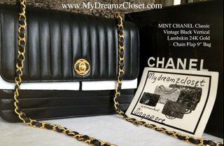 MINT CHANEL Classic Vintage Black Vertical Lambskin 24K Gold Chain Flap 9" Bag