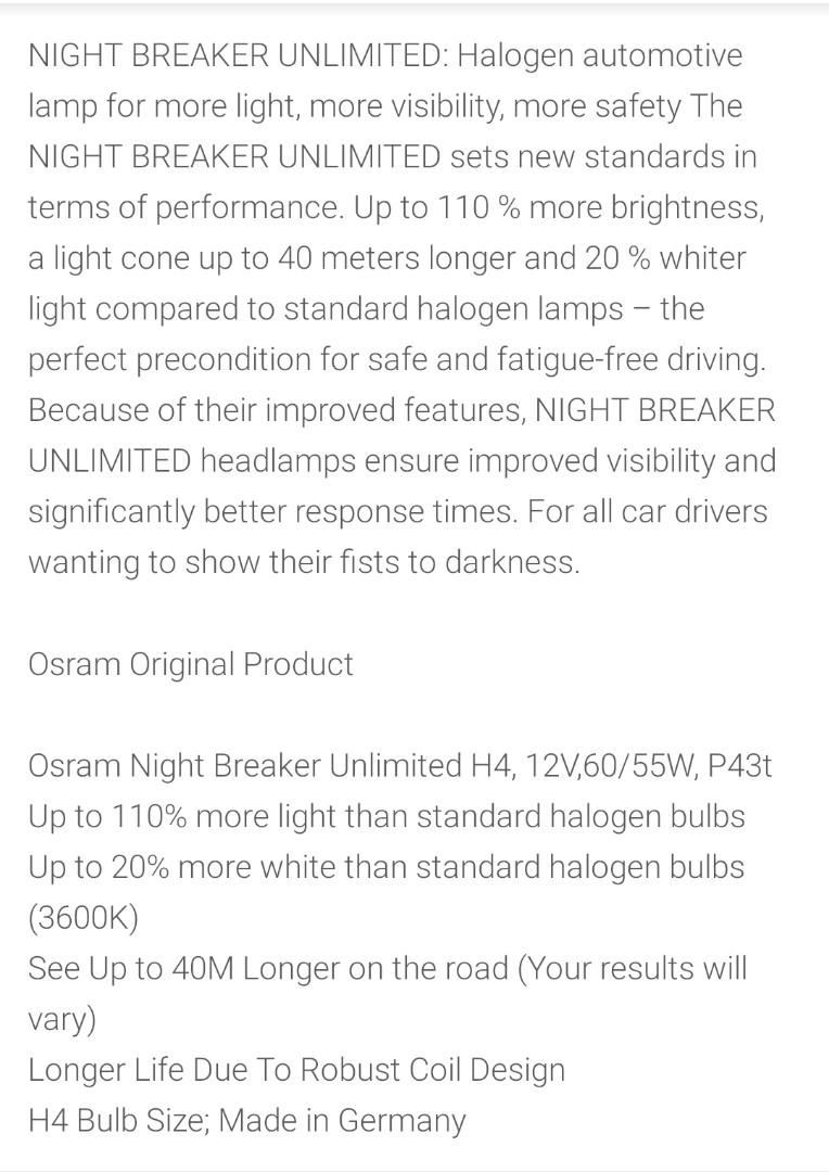 OSRAM NIGHT BREAKER UNLIMIMITED H4 CAR HEADLIGHT, Car Parts & Accessories,  Lightings, Horns, and other Electrical Parts and Accessories on Carousell
