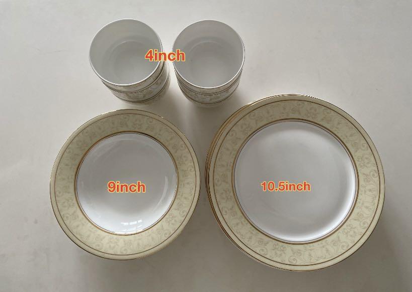 Tableware Set (Category: Other Kitchenware & Tableware) located in Kuala Lumpur. Submitted by jl.special (Listing ID 1109412809, Image 1). Description: High quality tableware set Gold embroidery design Total 18 pieces Big Plate 10.5 inch x 6 Deep plate 9 inch x 6 Rice Bowl 4 inch x 6 All like new, well maintained and high quality ceramic, no chips on all the tableware .