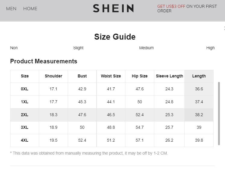 Shein size chart plus hot sale size