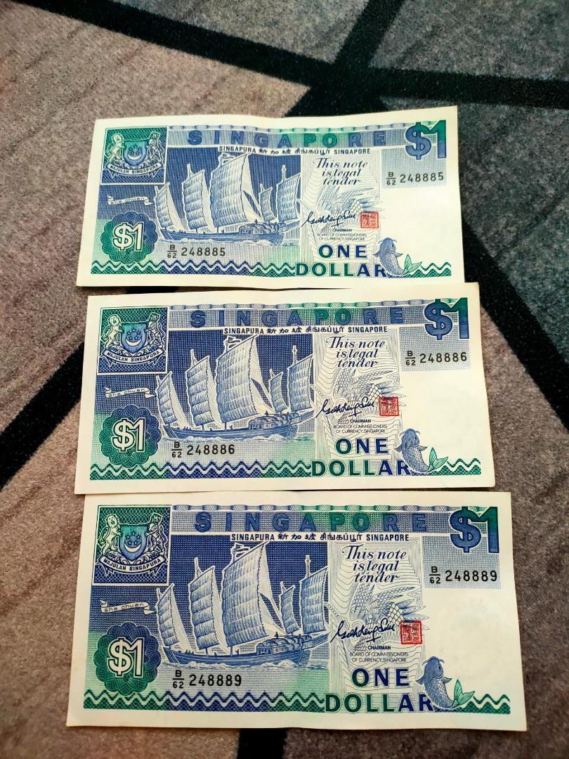 $1 old notes (Category: Currency) located in Singapore. Submitted by melonlover85 (Listing ID 1109611696, Image 1). Description: Excellent condition for collectors. beautiful series numbers left with A248885 A248886 A248889.