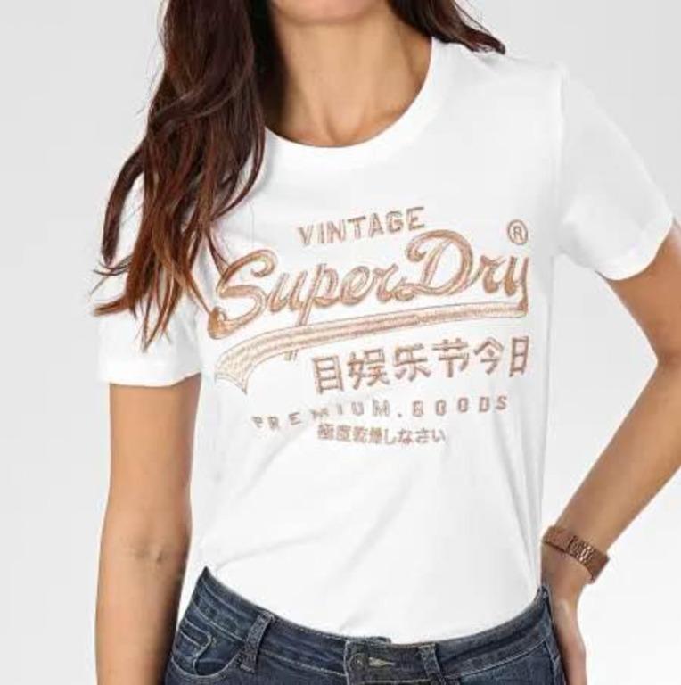 superdry white branded top, Women's Fashion, Tops, Shirts on Carousell