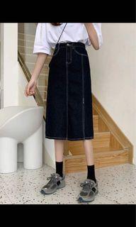 Slit Hem Mid Length Denim Skirt