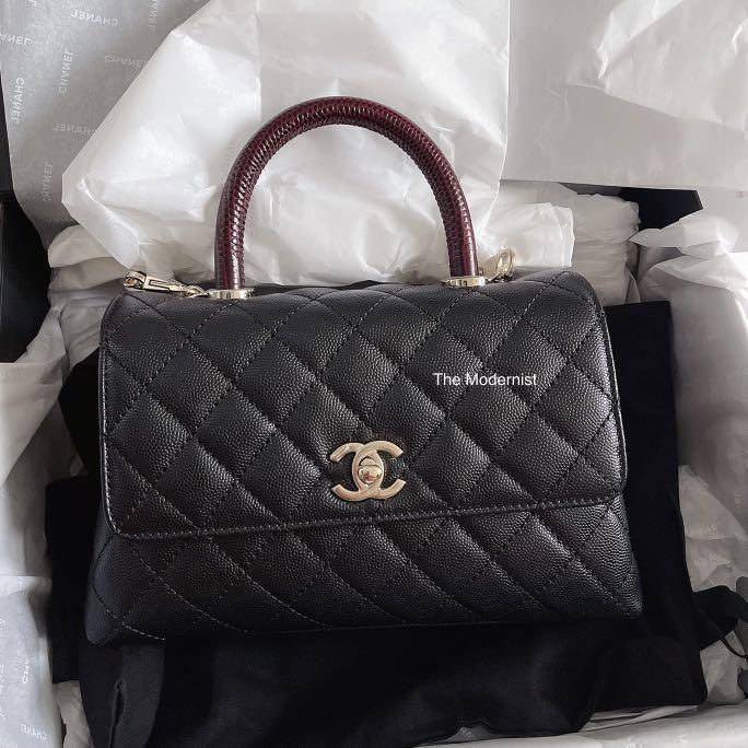 Authentic Chanel Small Coco Handle Black Caviar Leather Embossed Burgundy  Handle Light Gold Hardware