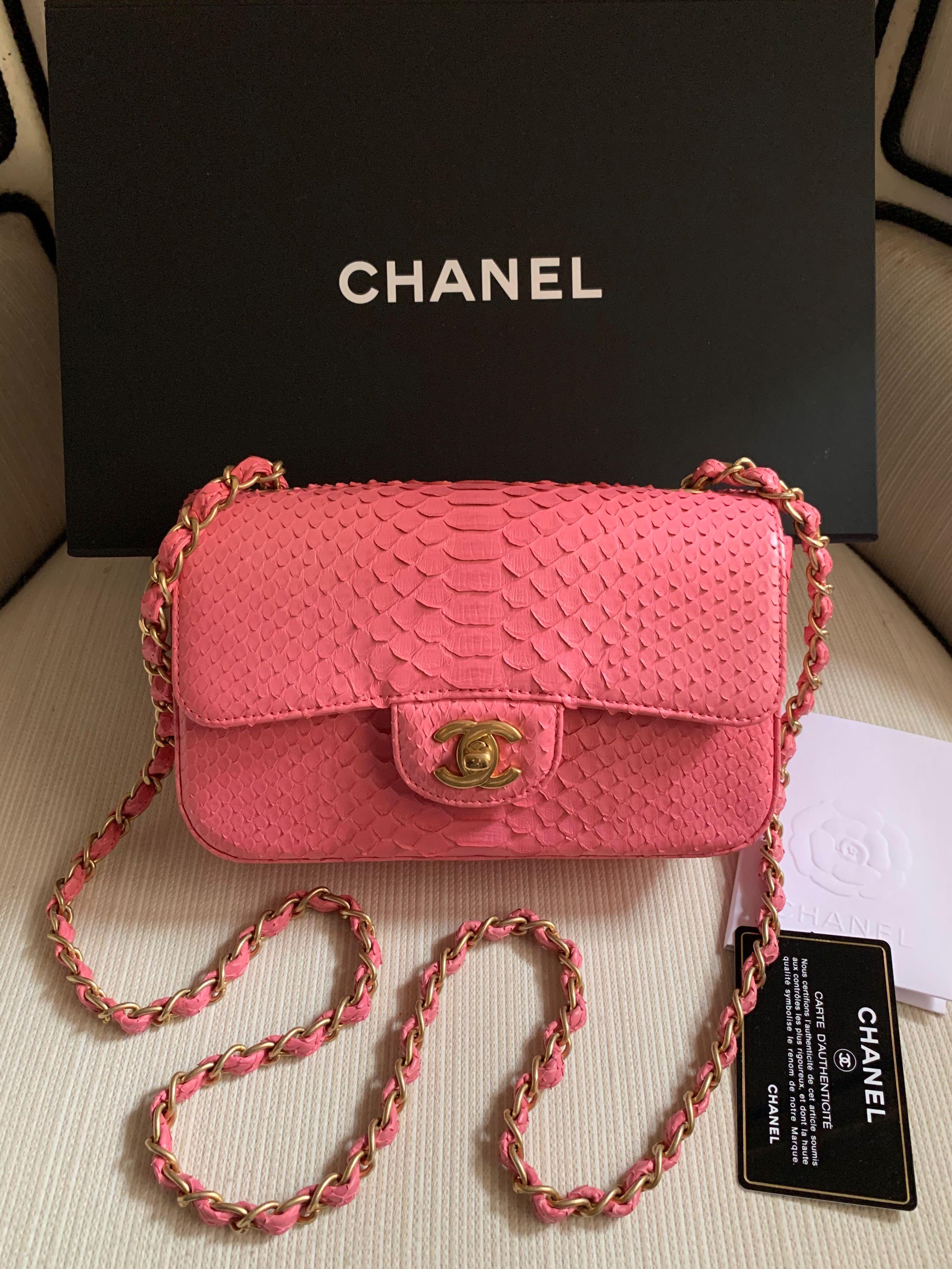 BNIB Chanel Mini Rectangular GHW (Python) (Category: Bags & Wallets) located in Singapore. Submitted by chanelcoco55 (Listing ID 1109934999, Image 1). Description: Brand New Chanel Mini Rectangular (Python) Pink / Aged GHW (Rare, discontinued & limited) Series #23 Comes with Full set: Box, Dust bag, Authentic card, CITIES and Original Receipt! Premium Price 😊 Such A Beautiful Piece!!! .