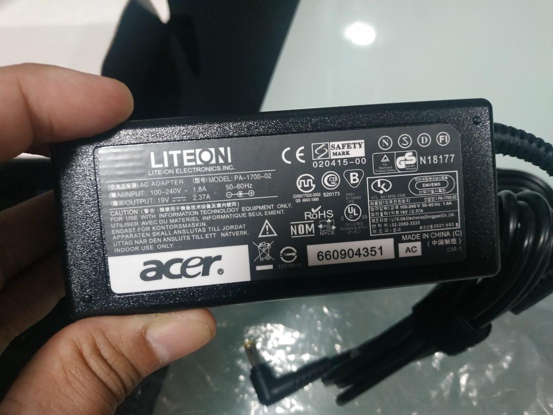 laptop charger acer (Category: Laptops & Notebooks) located in Mandaluyong City. Submitted by good_find_online_store (Listing ID 1109805976, Image 1). Description: Acer Replacement laptop Charger specs 19v - 2.37A - 5.5mm x 1.7mm model# PA-1700-02 Brand new Premium Oem Quality Acer 19v 2.37a(5.5*1.7mm) Laptop Charger for E5-721 E5-731 E5-771 E5-771G ES1-411 ES1-512 E5-u #laptopcharger #acerlaptopcharger #19volt #acerlaptopcharger19v2.37A #acerrep