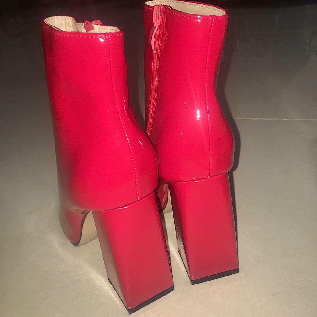 SHEIN Bright Red Y2K Shiny Glossy Point Toe Chunky Heeled Ankle