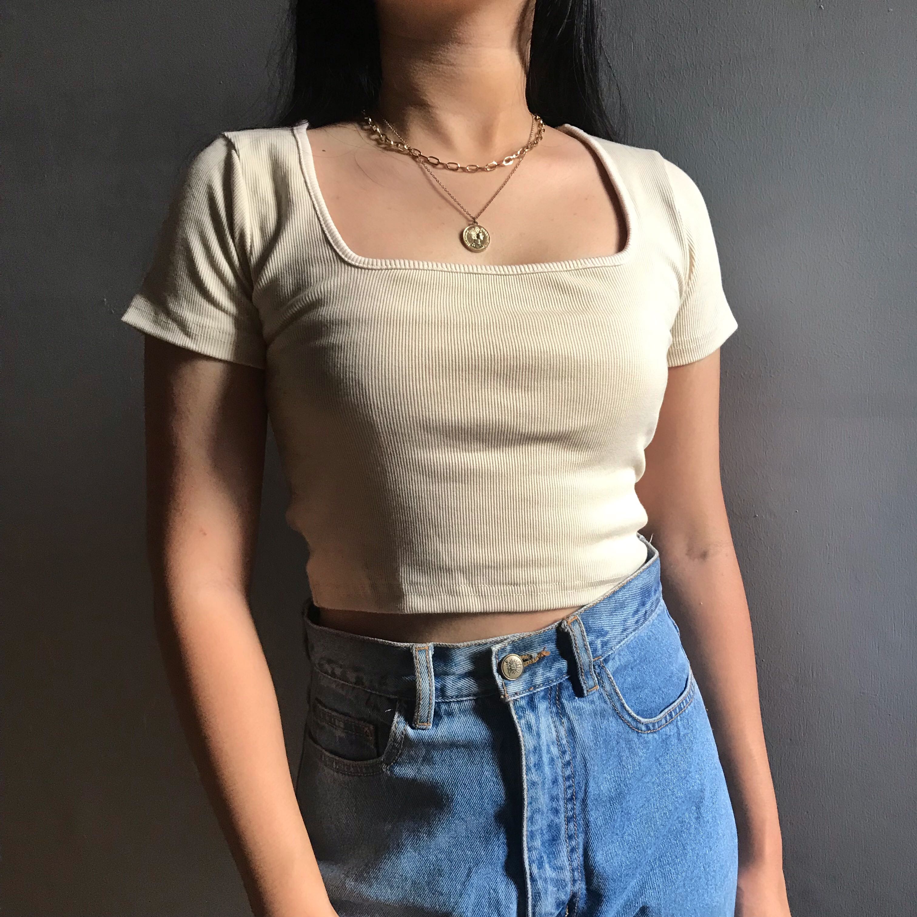 Zara Square Neck Beige Crop Top, Women 