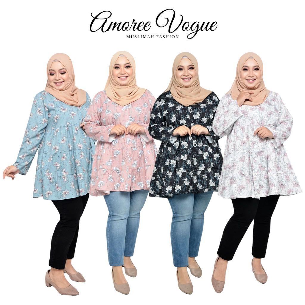 Amoree Button Layer Fit Xl 3xl Floral Blouse Muslimah Blouse Plus Size Tops Blouse Labuh Baju Blouse Muslimah Fashion Dresses On Carousell