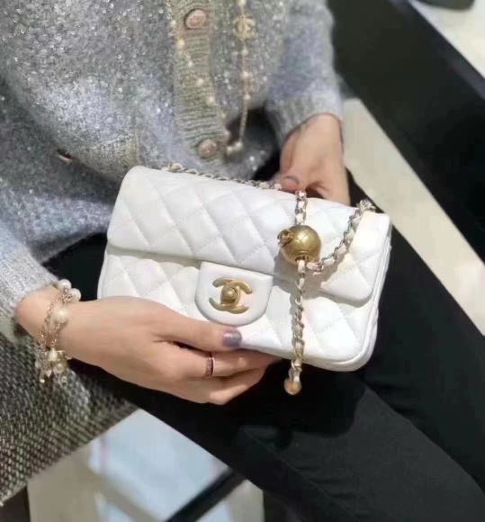 BNIB Chanel mini classic flap white Bag pearl crush , Luxury, Bags