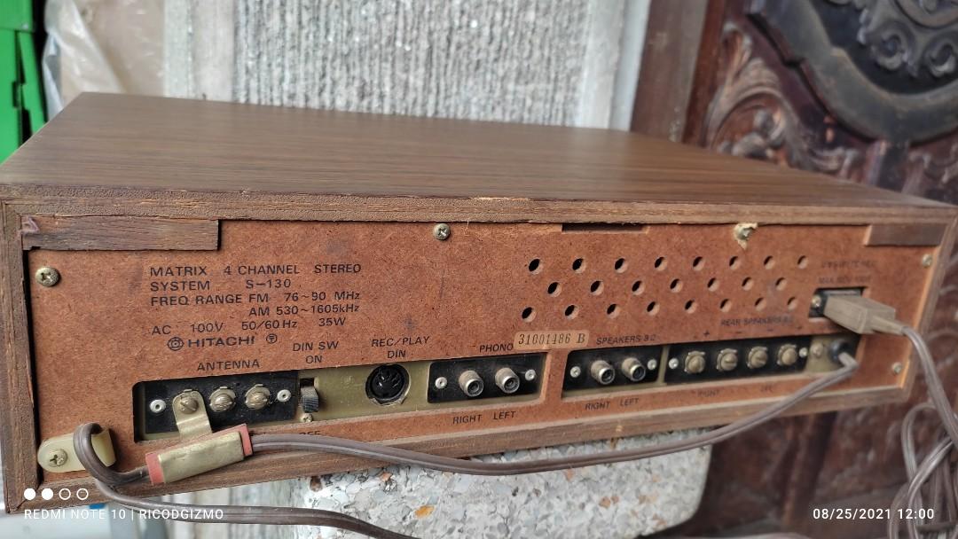 Hitachi s 130 vintage stereo receiver (Category: Soundbars, Speakers & Amplifiers) located in Quezon City. Submitted by ricodgizmo (Listing ID 1109988553, Image 2). Description: power 35 watts 100vac tuner fm japan standard 90mhz am phil standard 530 to 1600 mhz with phono and din inputs with orig speakers included.