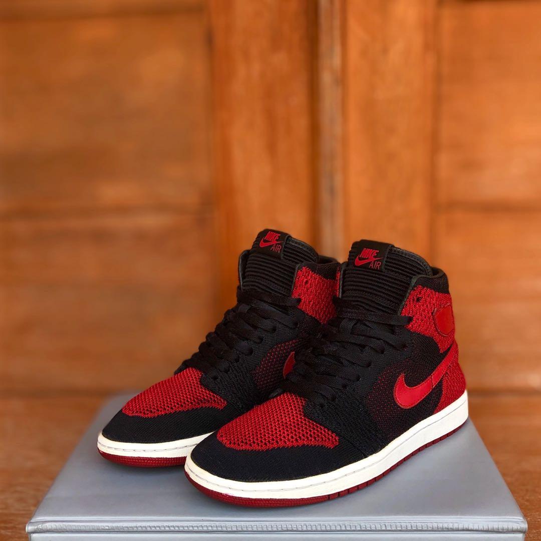 Air Jordan 1 High Flyknit Bred, Fesyen Pria, Sepatu , Sneakers di Carousell