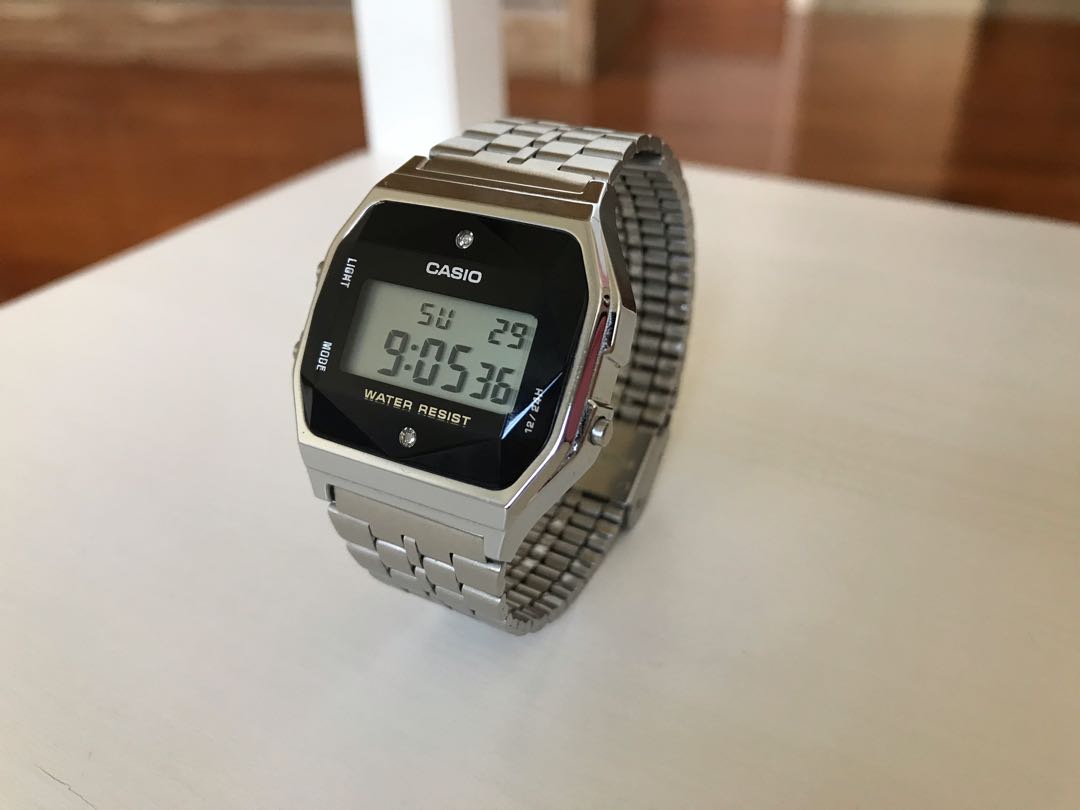 Casio A159 stainless steel watch. Made in Japan with authentic diamonds