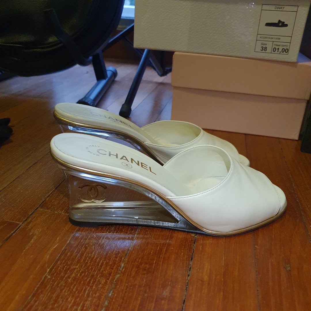 Chanel Mules Perspex Transparent Wedge Heels sz 38.5