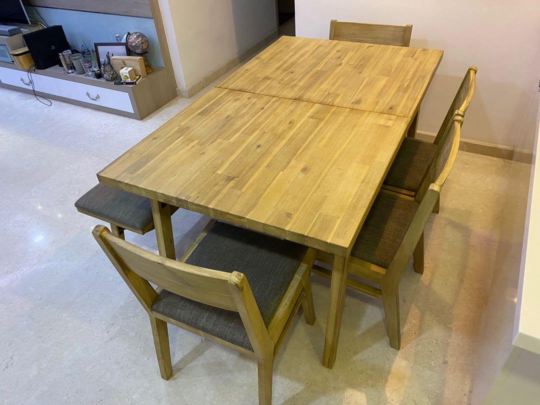 Dining table with bench and 4 chairs Solid Acacia wood extendable