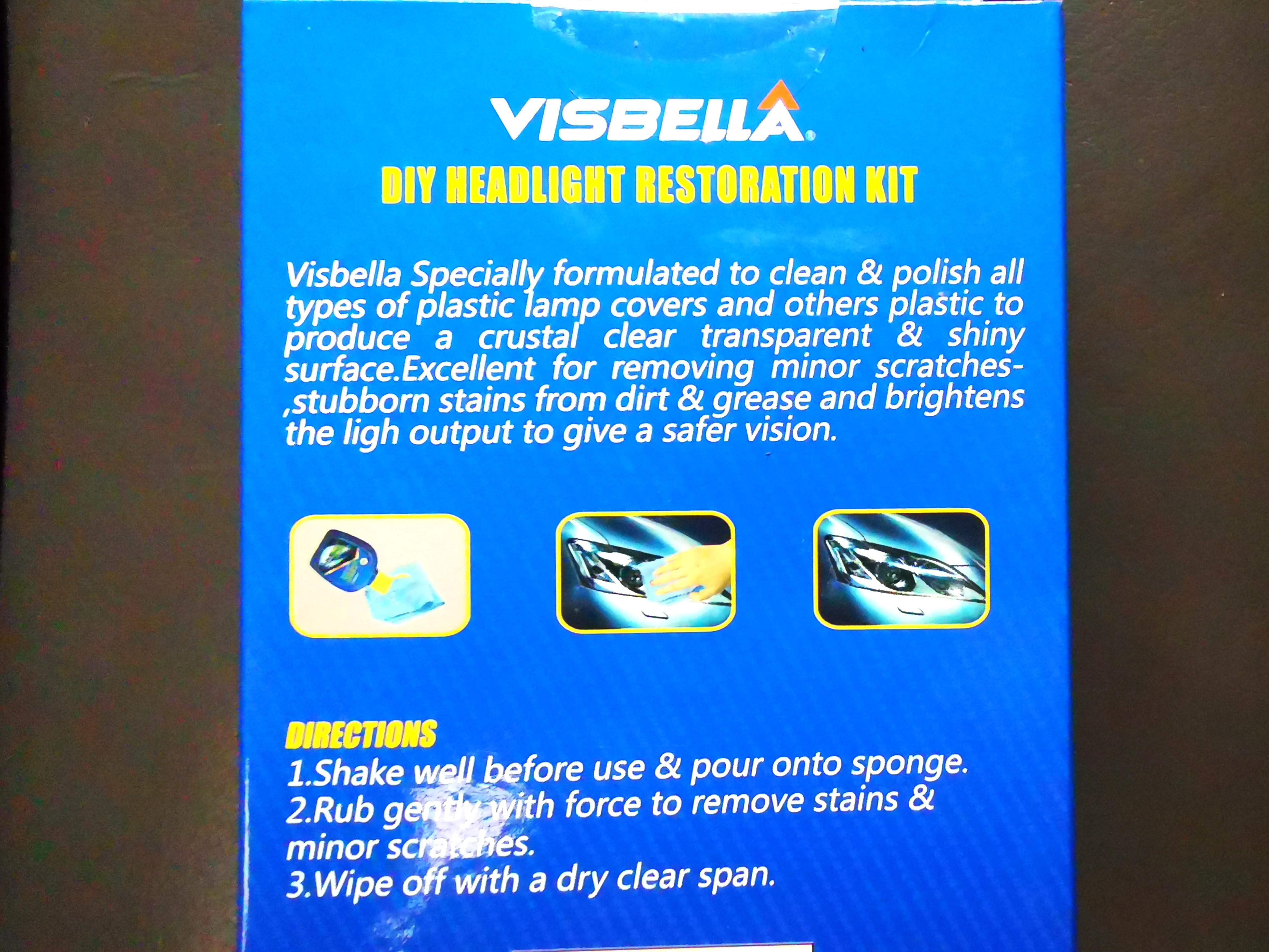 Headlight Restoration Kit (Category: Accessories) located in Singapore. Submitted by spray_specialist (Listing ID 1110276800, Image 2). Description: Visbella Headlight Restoration Kit Visabella specially formulated to clean and polish all types of plastic lamp covers and plastic to produce a crystal clear transparent and shiny surface. Excellent for removing minor scratches, stubborn stains from dirt, grease and brightens the light output to give