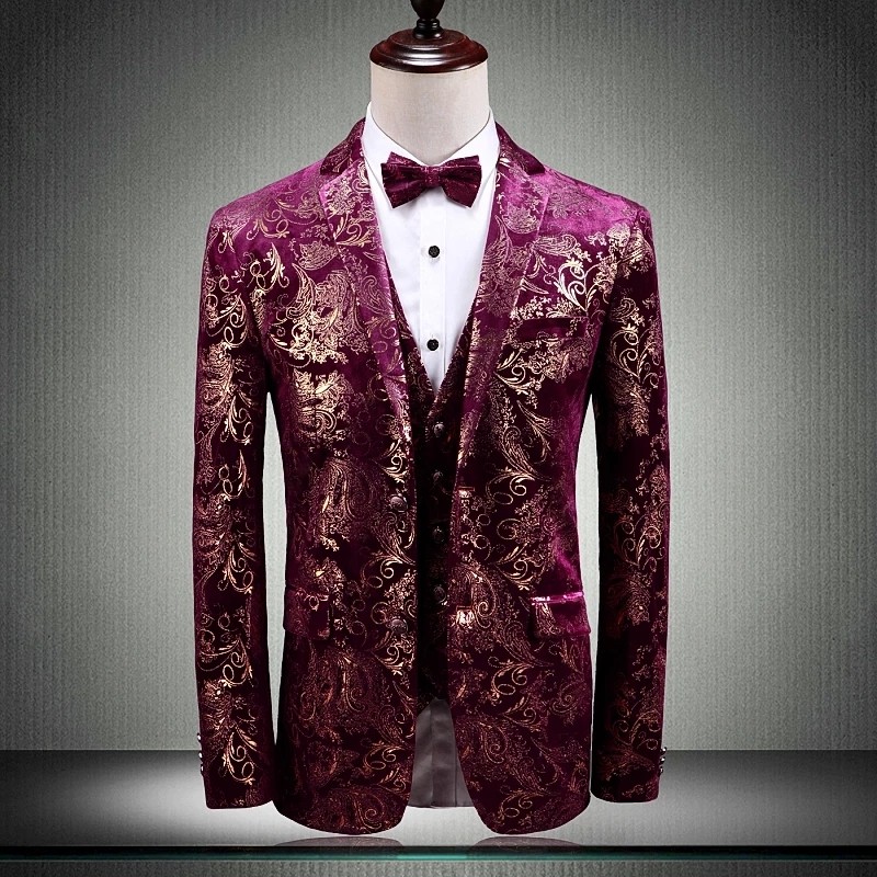 Men suit gold red gold 3 2pc suit floral wedding formal available velvet plus size available