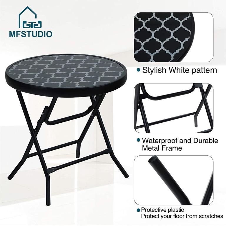 Tempered Glass Metal End Table MFSTUDIO Patio Side Table Folding Portable Round Bistro Coffee Table Plant Stand for Indoor & Outdoor Garden Backyard Lawn Poolside 18 inch Black 