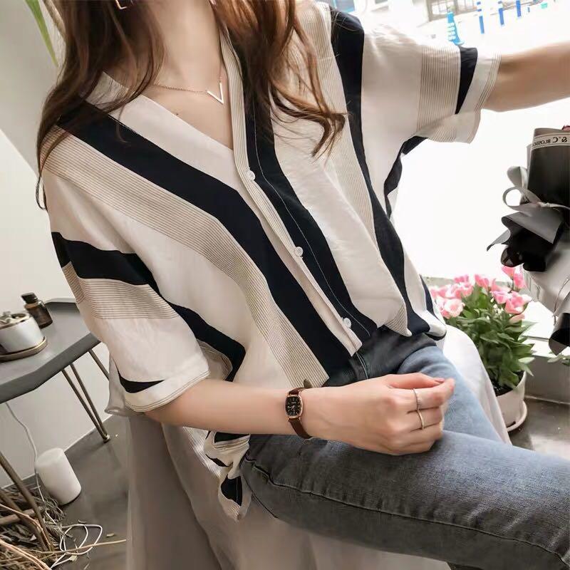 Womens Striped Chiffon Blouse V Neck Long Sleeve Button Down Shirts Casual Work Tops 