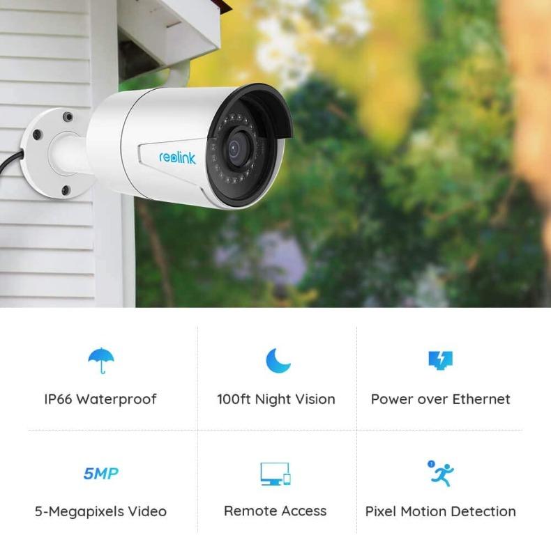  REOLINK Outdoor Security IP Camera, 5MP PoE Outdoor Indoor  Home Surveillance, IP66 Waterproof, IR Night Vision, Motion Detection, Work  with Smart Home, Up to 128GB Micro SD Card, RLC-410-5MP 