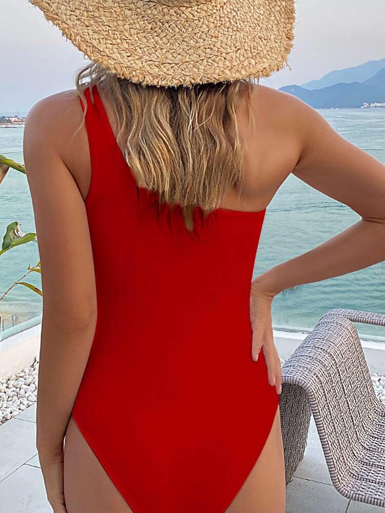 Shein Red One Shoulder One Piece Swimsuit Women S Fashion Swimwear Bikinis Swimsuits On Carousell