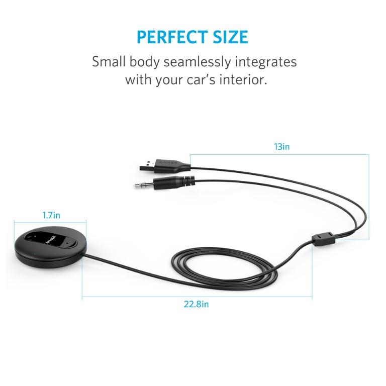 Anker SoundSync Drive Bluetooth 4.0 Handsfree Car Receiver, Wireless Telephone Call and Music Streaming, with in Microphone, Echo and Noise Reduction, Multi Point Access, 3.5 mm Aux Cable, Phones