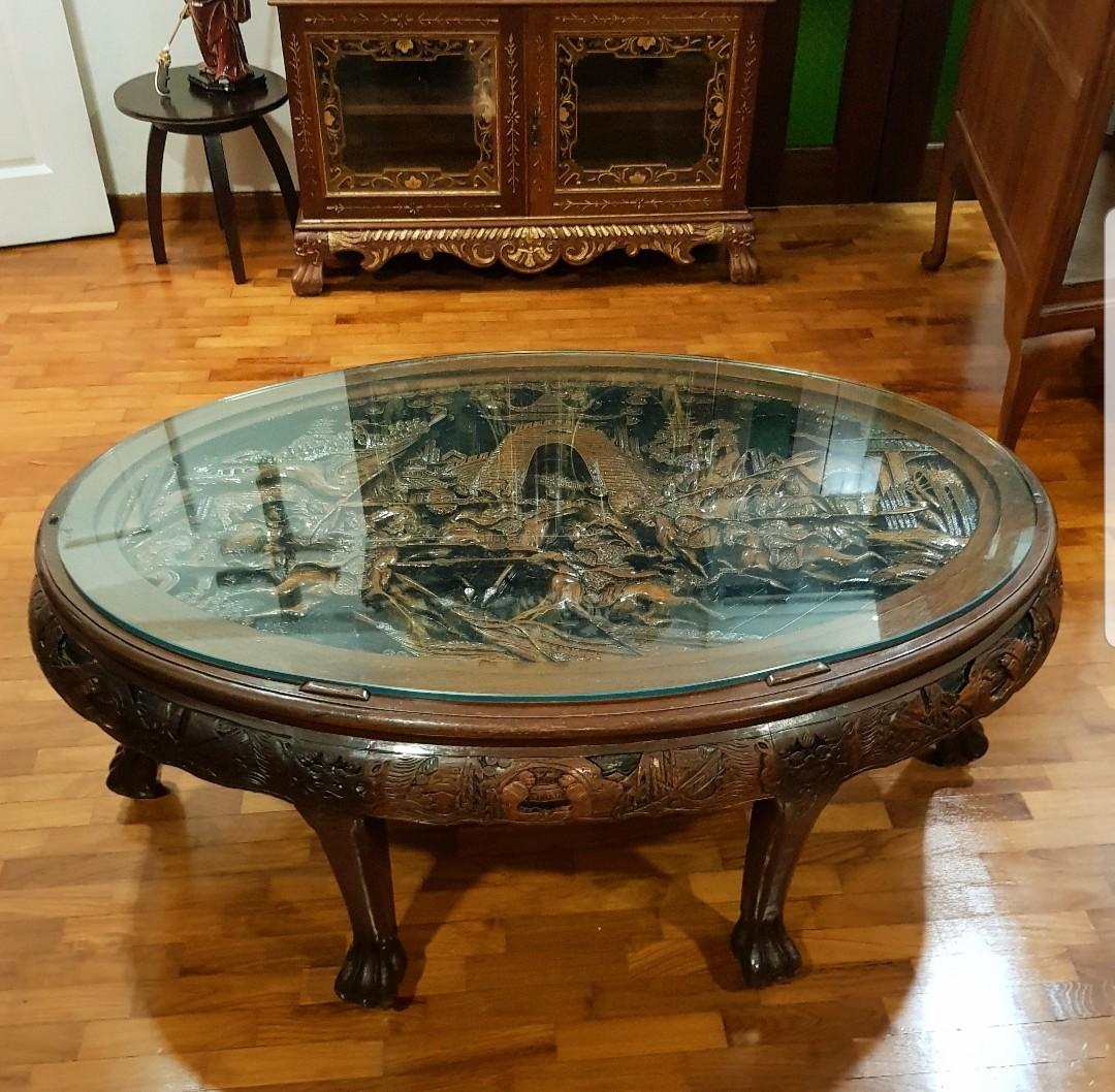 Oriental hand carved oval coffee table hotsell with 6 stools