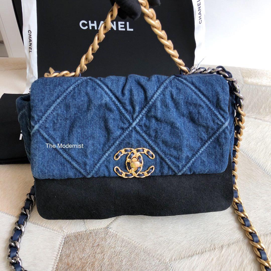 Authentic Chanel 19 Small Flap Bag Blue Denim 26CM