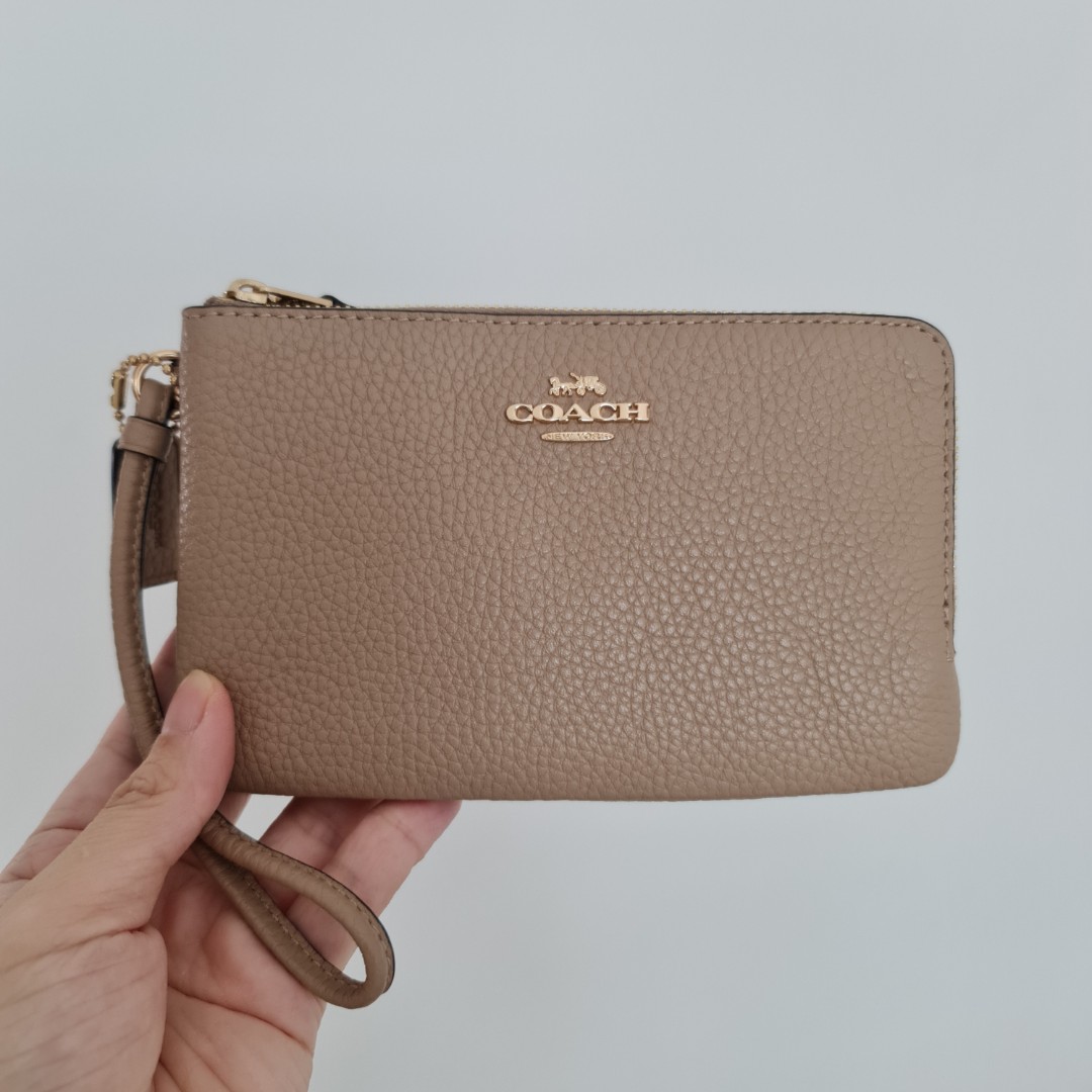 BN Authentic Coach Double Corner Zip Wristlet in Taupe Beige