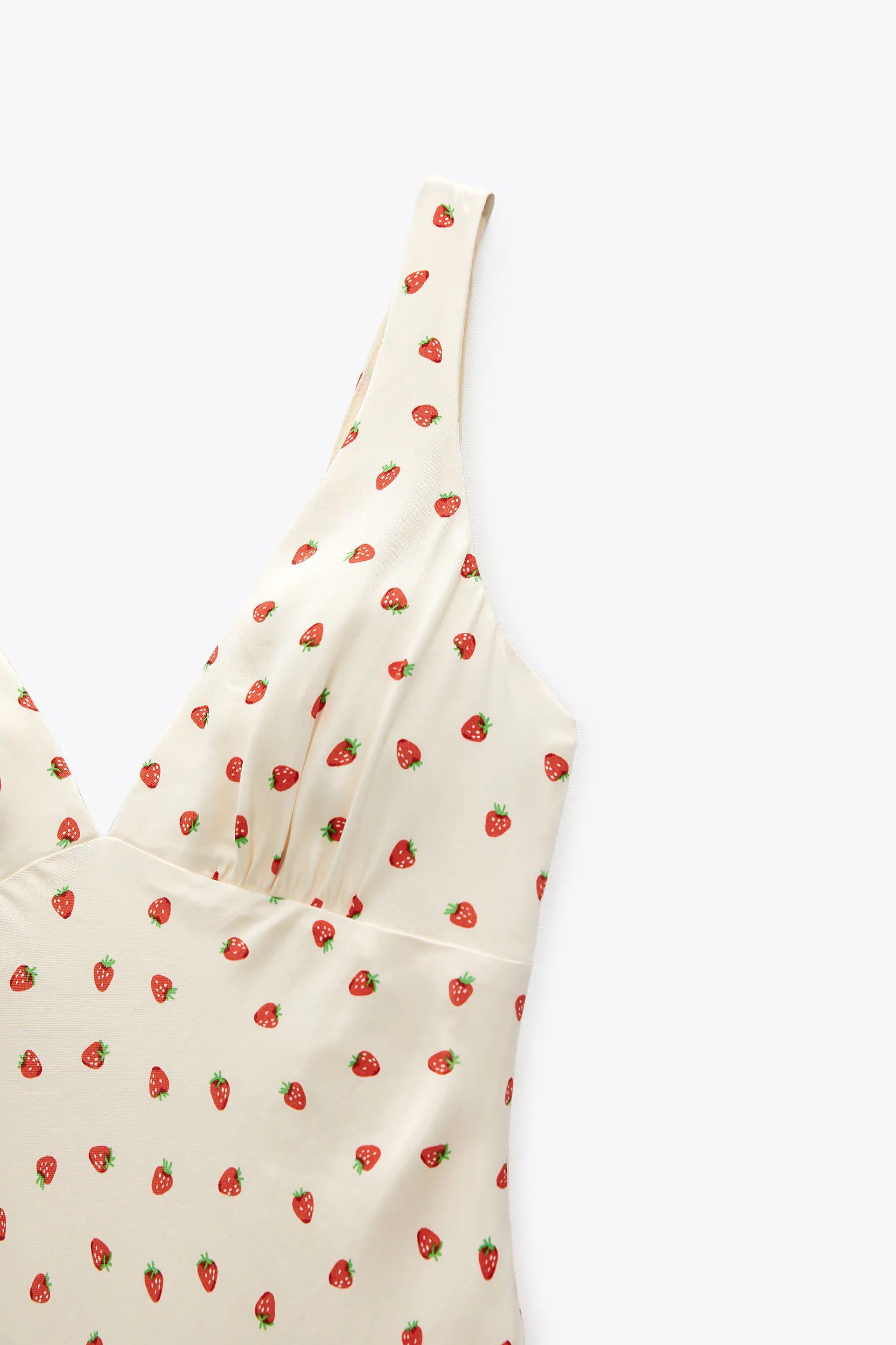 Zara satin effect print dress strawberry clearance