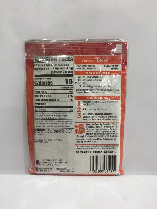 McCormick Original Taco from US (28g ) (Category: Spice & Seasoning) located in Pasay City. Submitted by redgiftshop (Listing ID 1104813744, Image 2). Description: seasoning mix no artificial flavors simple and clean directly bought in US (stock 13 pcs ) product code: EJ21july.