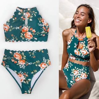 New Green Floral Scallop Swimsuit  全新綠色花花泳衣套裝64198644422529110
