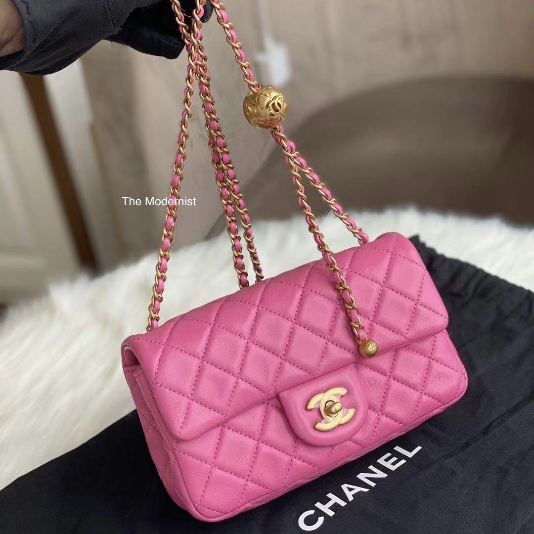 Authentic Chanel Barbie Pink Gold Pearl Crush Mini Rectangular Gold Hardware