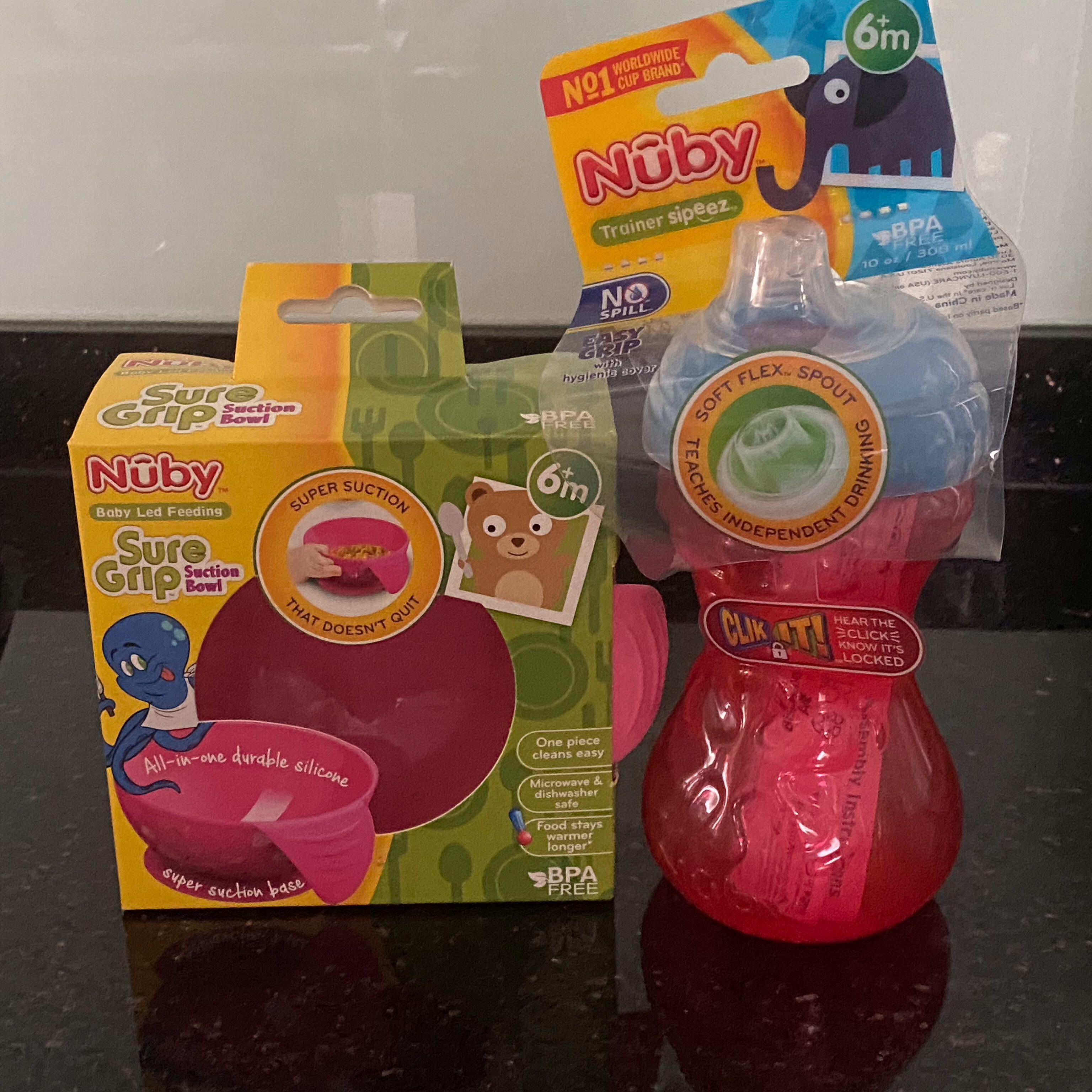Brand New NUBY Baby Child Sure Grip Bowl Fork & Spoon RED 6m FREE POSTAGE 