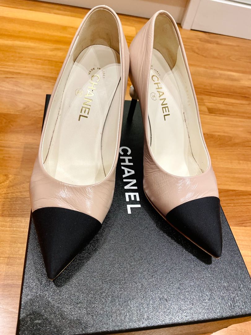 Chanel Patent Leather Faux Pearl Embellished Heel CC Cap Toe Pumps Size  355 at 1stDibs  chanel heels with pearl chanel pumps with pearl heel