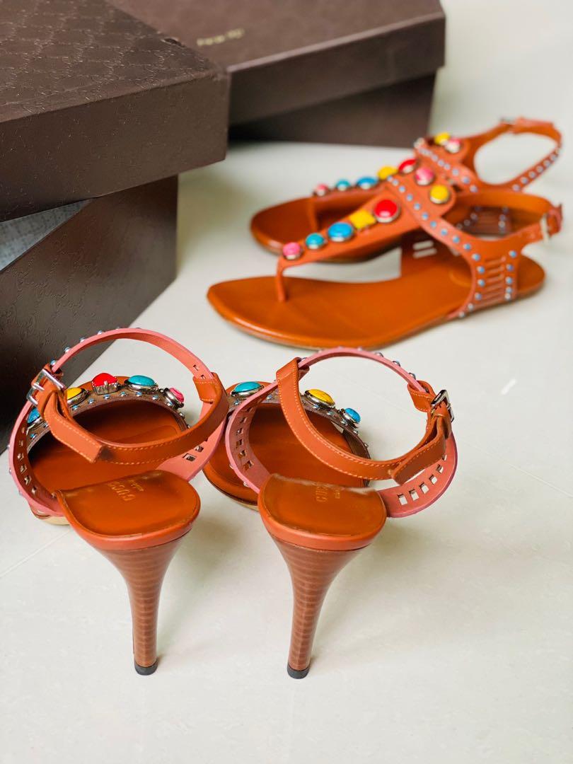Gucci Multicolor Leather Lika stone Embellished Sandals Size 36.5