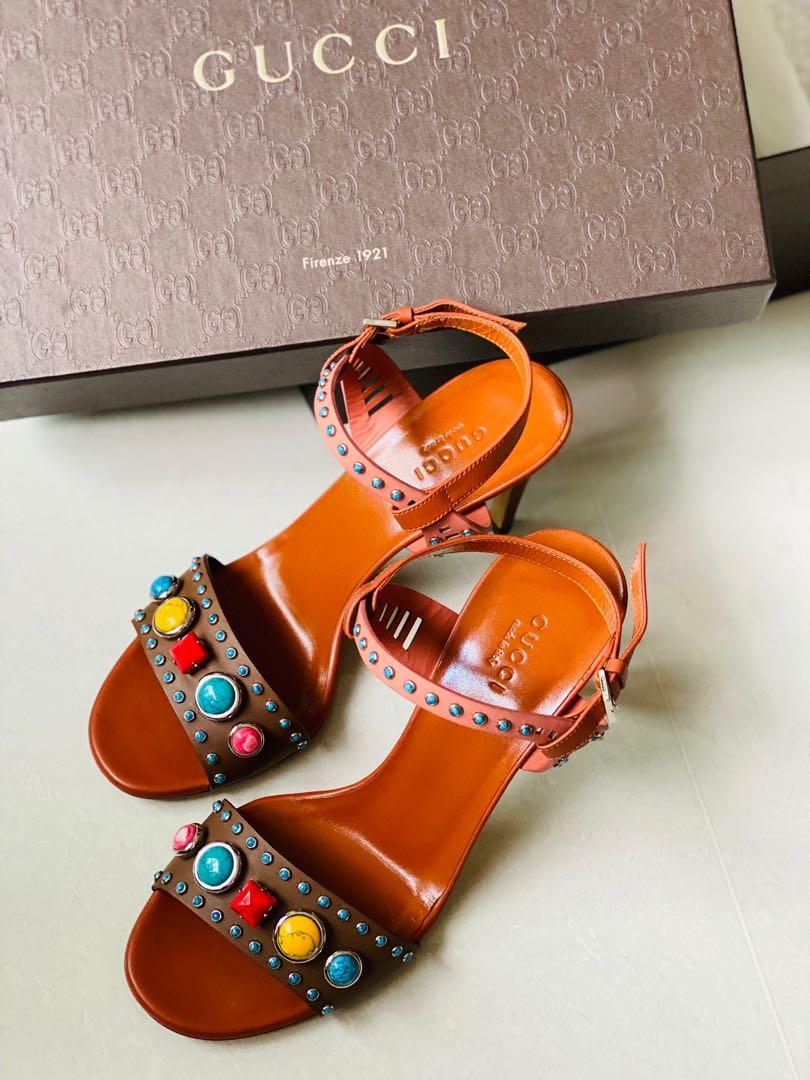 Gucci Multicolor Leather Lika stone Embellished Sandals Size , Women's  Fashion, Footwear, Heels on Carousell