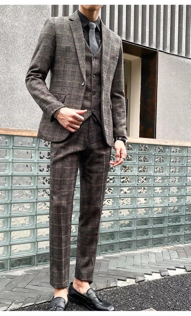 Men suit checkered blue brown 3 2pc suit formal suit slim fit suit checkered suit