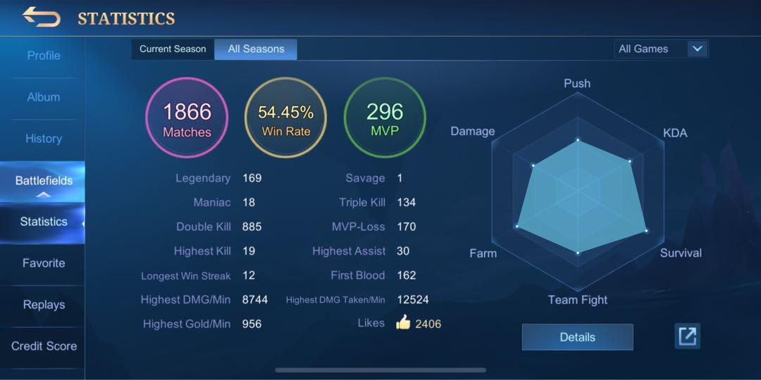 Mobile Legends Account (Negotiable) (Category: Others) located in Paranaque City. Submitted by mkaaay (Listing ID 1110538435, Image 2). Description: Negotiable! (Or swap with Valorant Points and Valorant Account) -Has 300 Diamonds - Has 32,000 Battle Points - Has 141 Hero Fragments -Has 454 Premium Skin Fragments Skins: Karina KOF Hanabi Viper Skin Lunox Bloody Mary Etc… (Text to know all) IMPORTANT SKINS: Guinevere Lotus Skin Zilong Christmas Ca