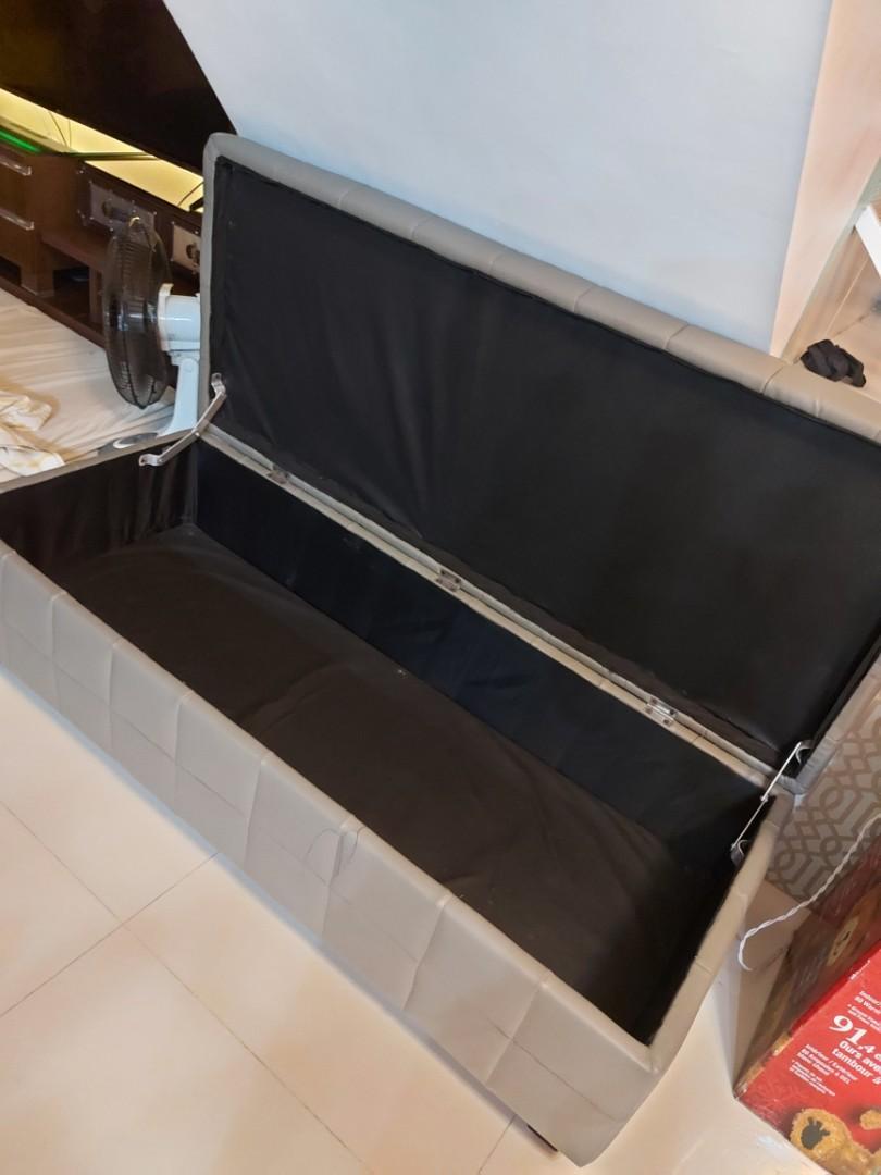Ottoman storage (Category: Sofas) located in Cainta. Submitted by houseofseconds (Listing ID 1110601885, Image 3). Description: Customized ottoman with storage size in inches 54x 23x17.Leather material in gray.newly upholstered with uratex foam.Can fit 6 regular sized pillow and blankets.excellent condition.