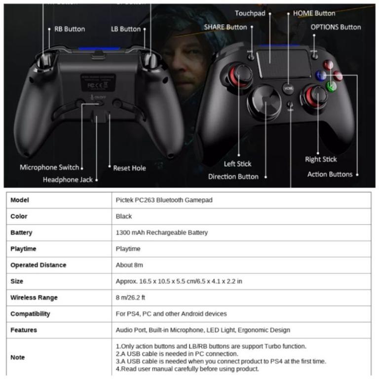 PICTEK PC263 Wireless Gamepad Bluetooth Game Controller for PC Laptop PS4