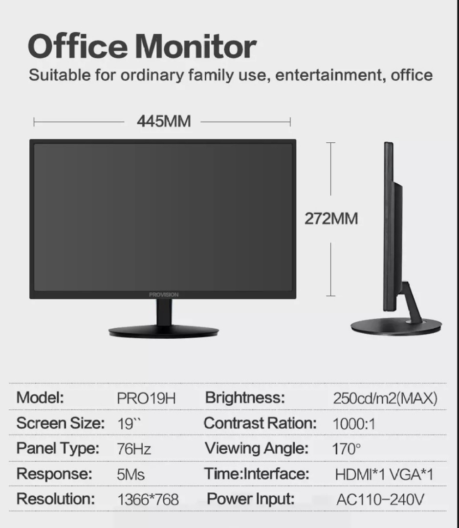 Basic PC PROVISION PRO19H 19 Inch LED Monitor PC Monitor Computer Monitor  HD 19 Inch LED Monitor, Best Gaming Monitor, 5ms Response Time, 60hz  Refresh Rate, Affordable Gaming Monitor