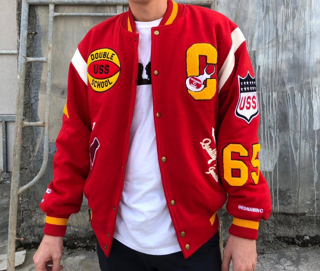 Varsity Jacket USS x Oronamin C x Double School, Fesyen Pria, Pakaian