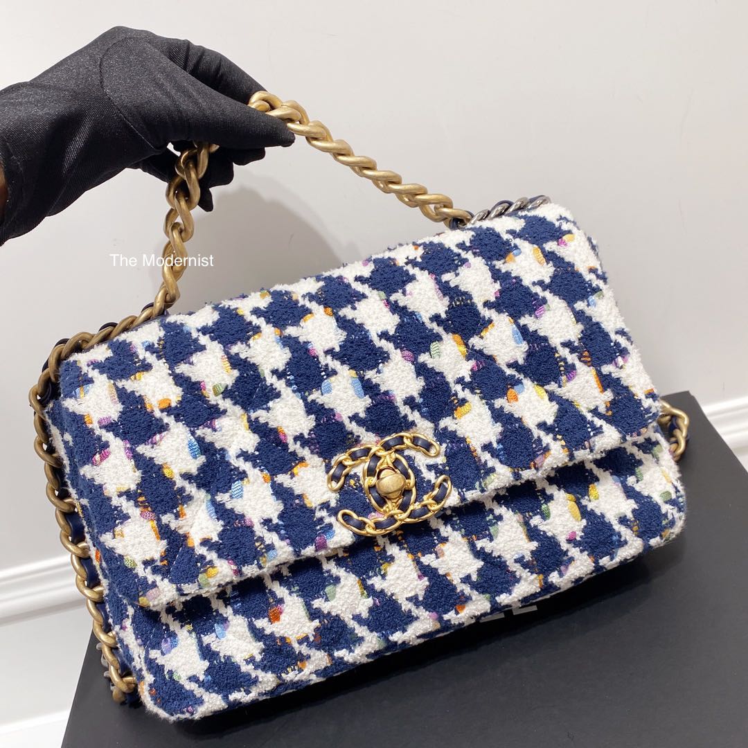 Chanel Ecru Navy Blue  Multicolor Houndstooth Tweed 19 Flap Bag Gold  Tone Silver Tone  Ruthenium Finish Hardware Available For Immediate Sale  At Sothebys